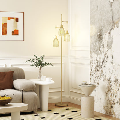 Industrial 3-Light Floor Lamp Dimmable Standing Lamp, Gold
