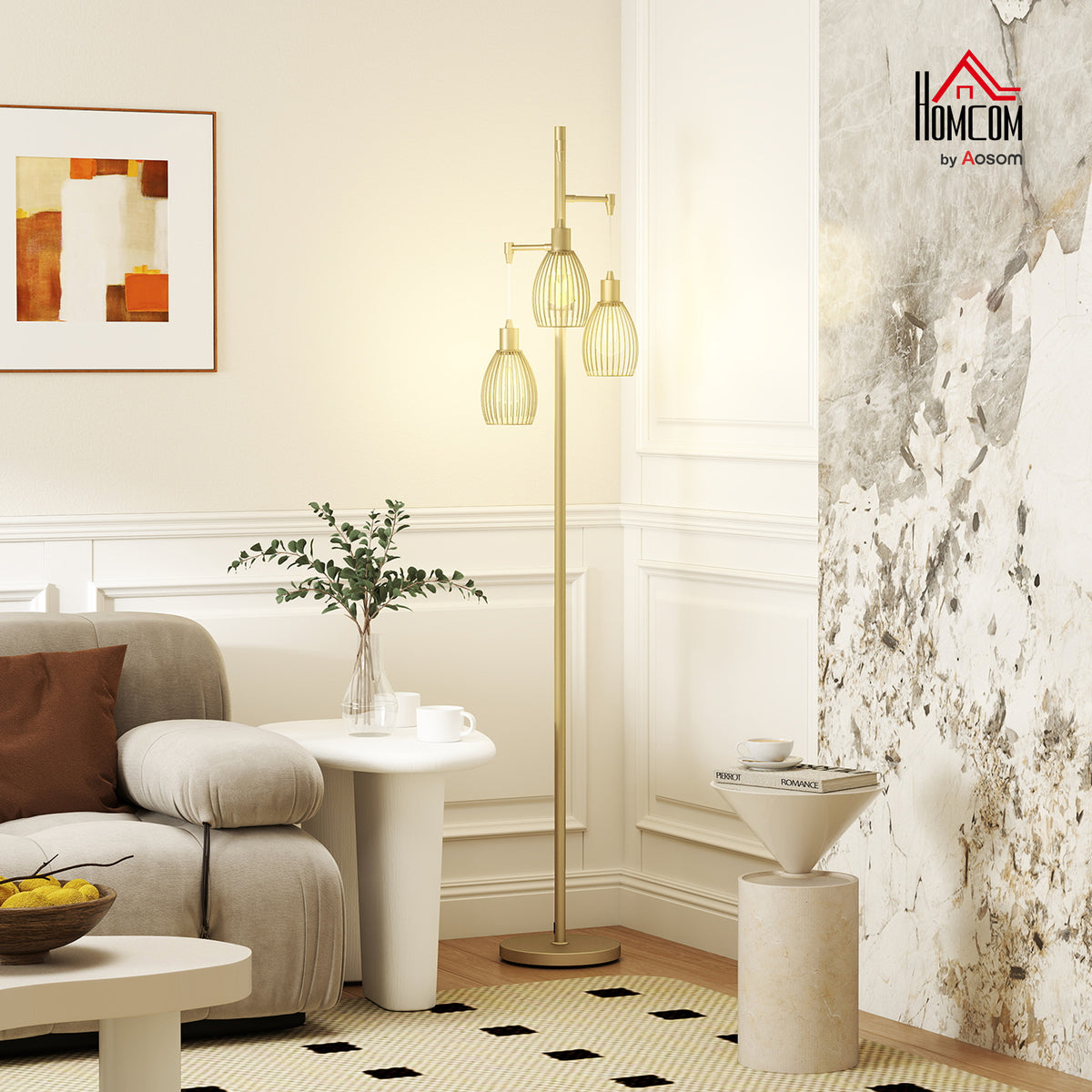 Industrial 3-Light Floor Lamp Dimmable Standing Lamp, Gold