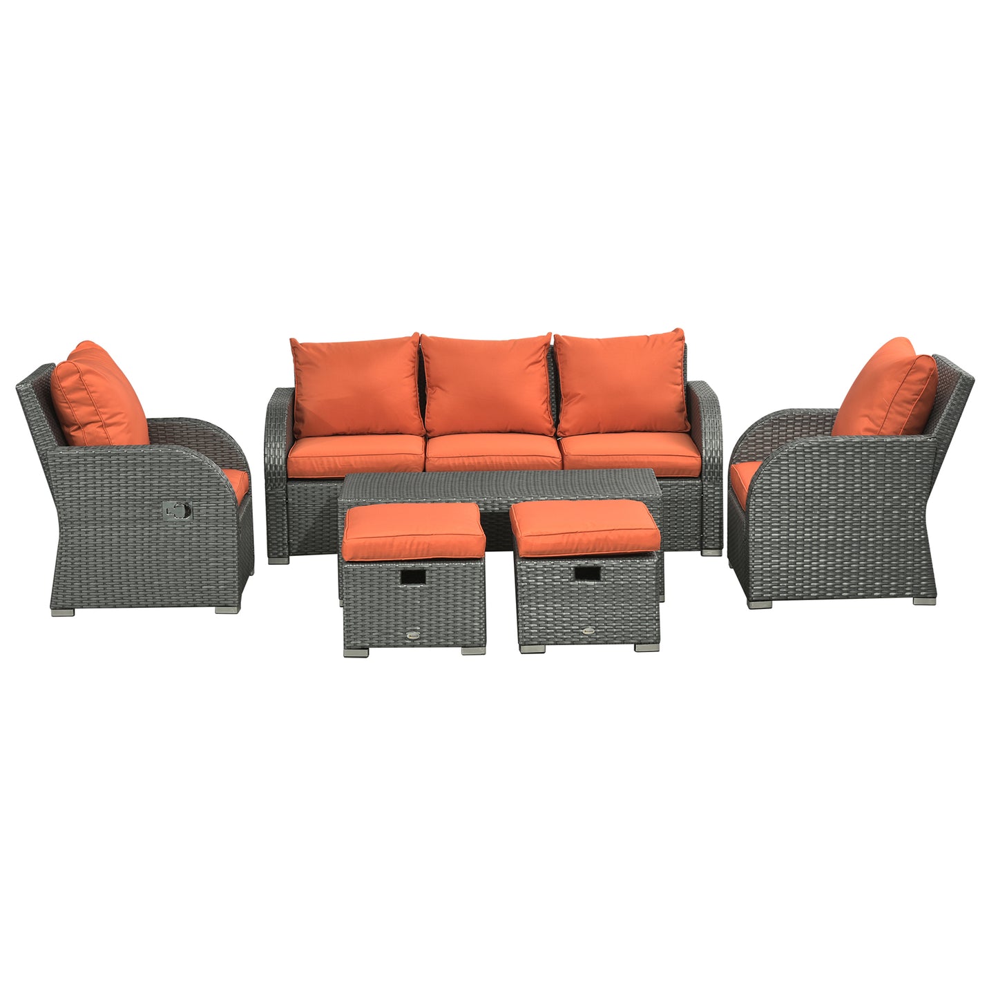 6pc Outdoor Rattan Wicker Furniture Set with 3-Seat Sofa, 2 Single Sofas, 2 Footstools and Coffee Table