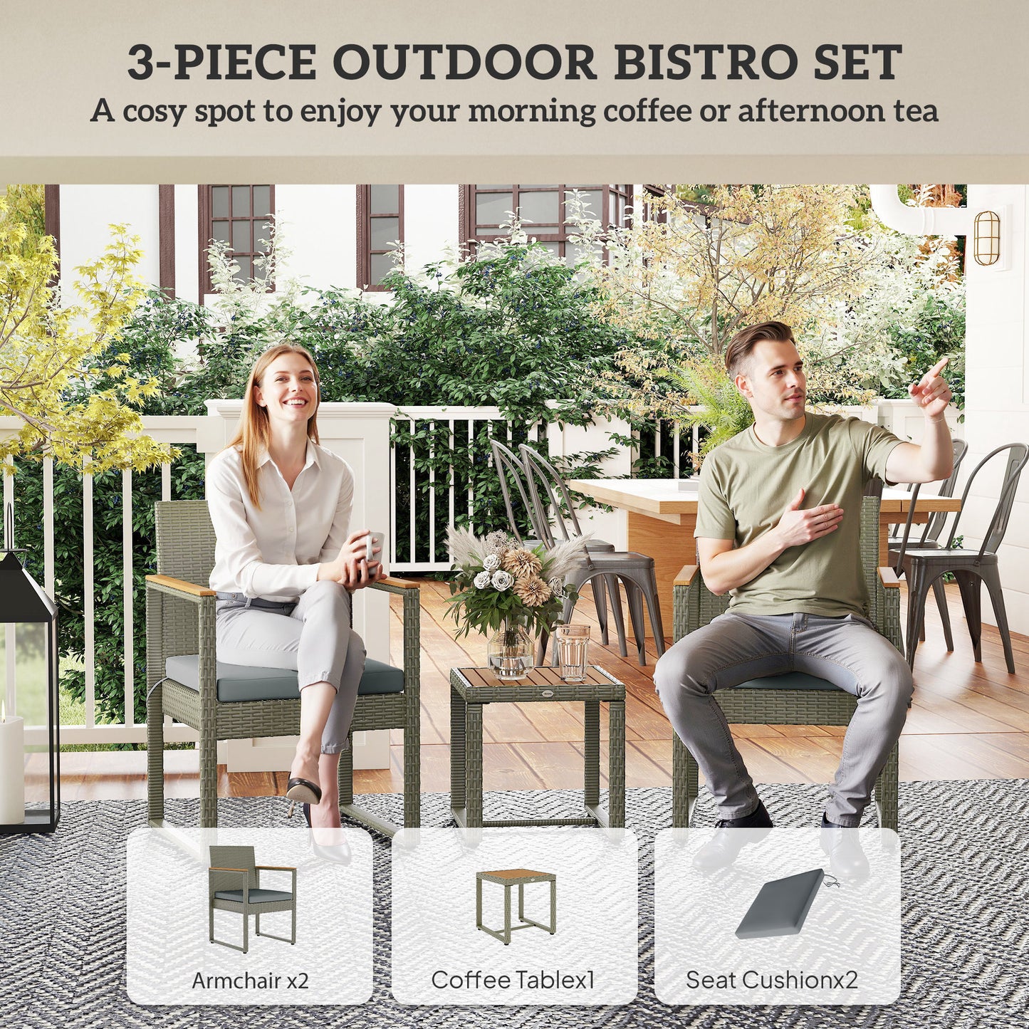 3-Piece Rattan Bistro Set with Acacia Wood Table, Grey