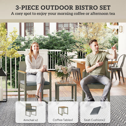 3-Piece Rattan Bistro Set with Acacia Wood Table, Grey