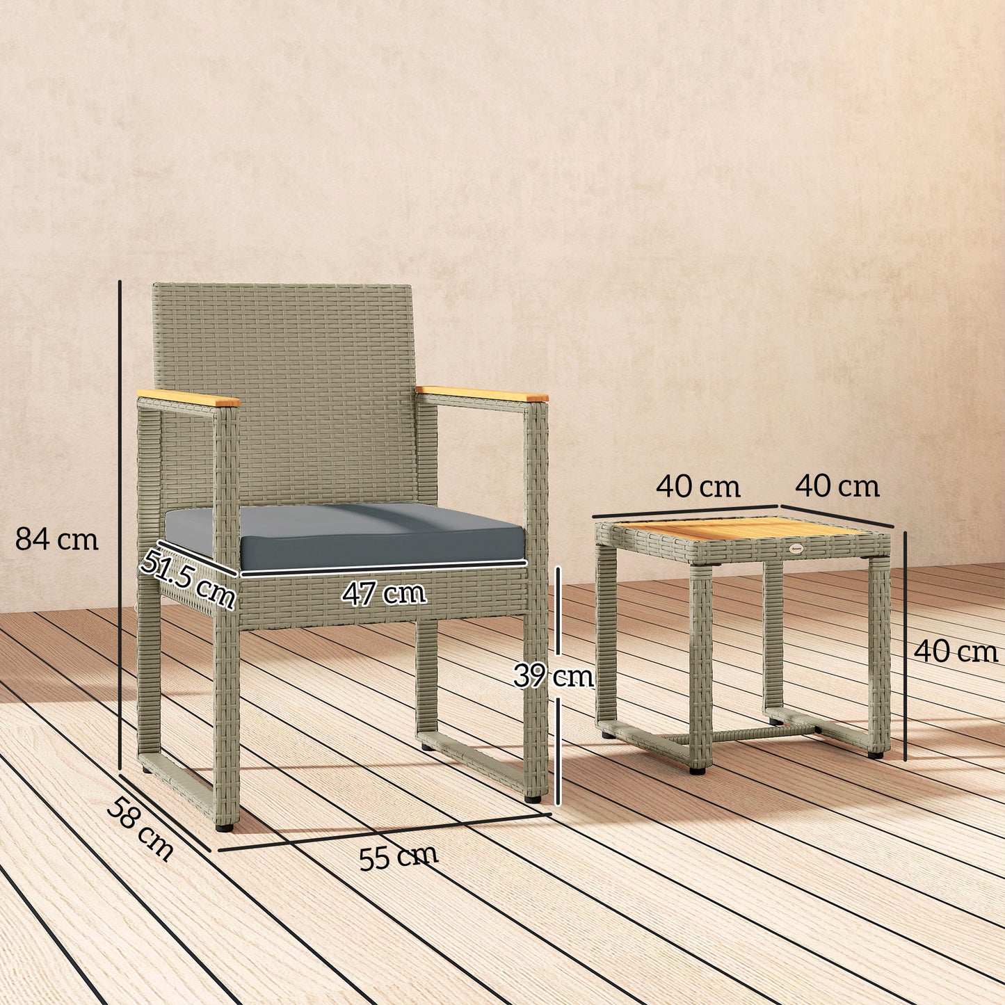 3-Piece Rattan Bistro Set with Acacia Wood Table, Grey