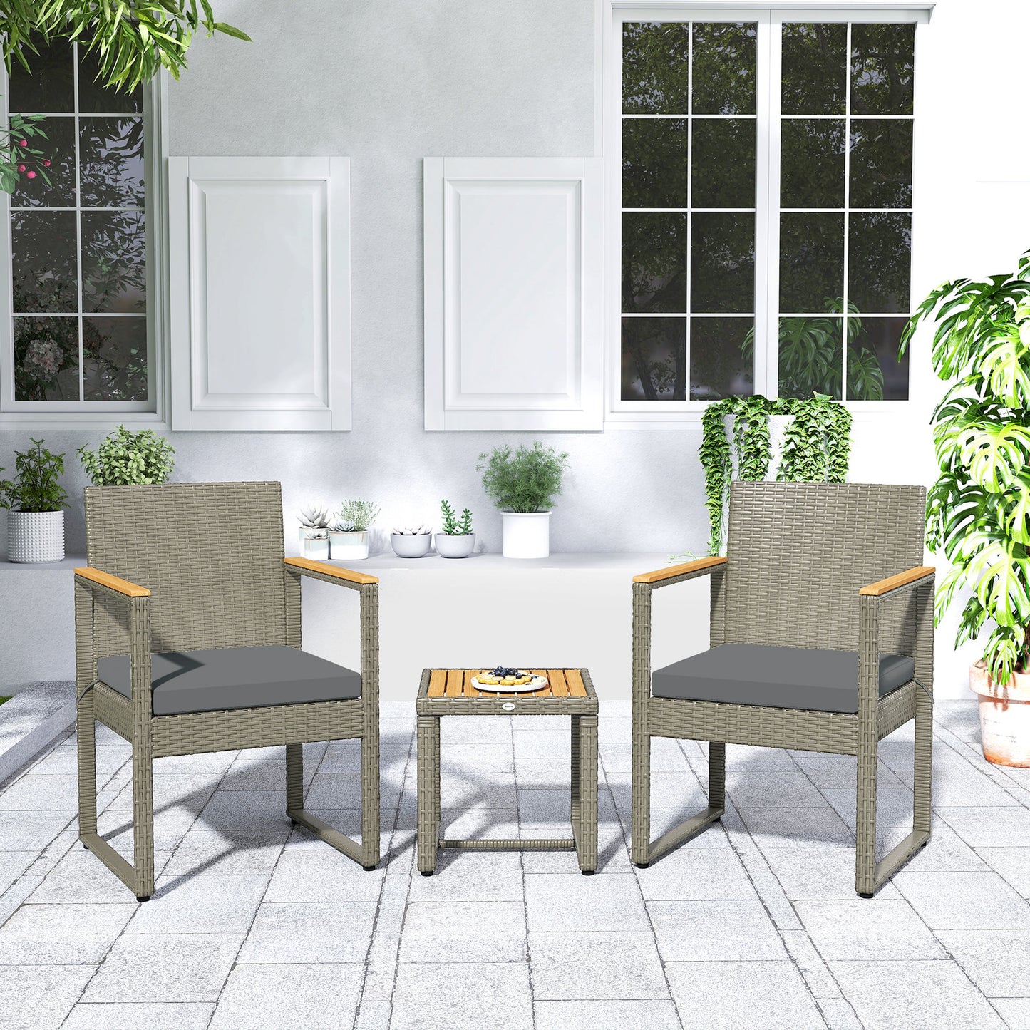 3-Piece Rattan Bistro Set with Acacia Wood Table, Grey