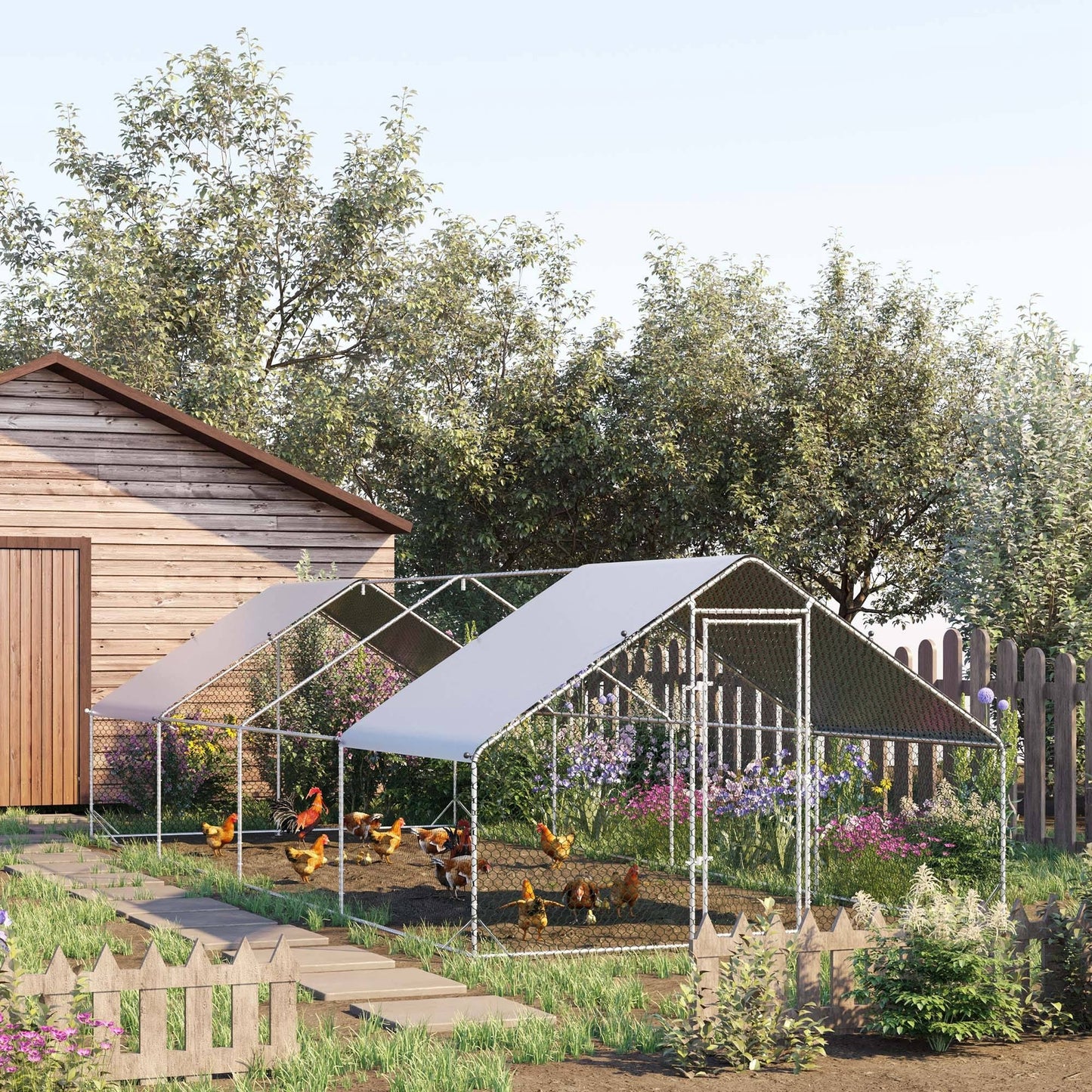 Walk In Chicken Run Large galvanised Chicken Coop w/ Cover 3 x 8 x 2m