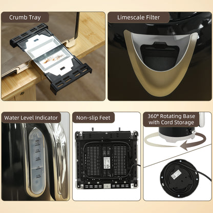 3000W 1.7L Kettle with Retro Thermometer, 4 Slice Toaster Set, Black