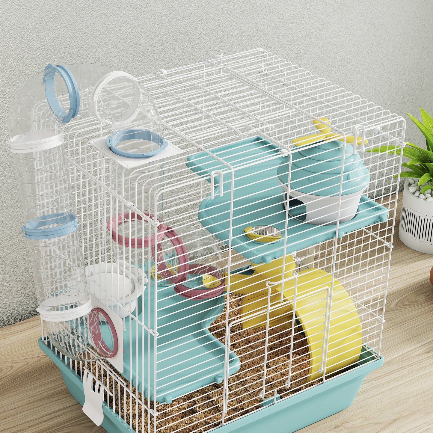 3-Level Hamster Cage, Gerbil Cage with Exercise Wheel, Tunnels, Water Bottle, Food Bowl, House, Ramps, for Dwarf Hamster, 34.5 x 27.5 x 41 cm, Blue