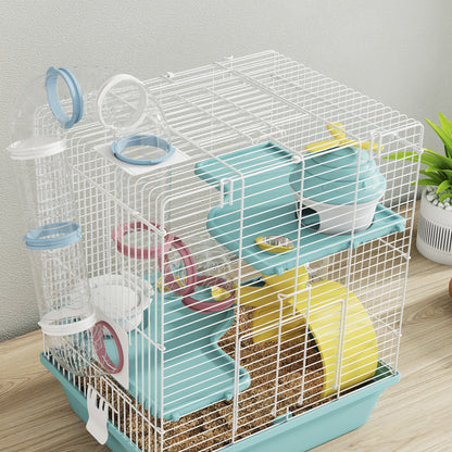 3-Level Hamster Cage, Gerbil Cage with Exercise Wheel, Tunnels, Water Bottle, Food Bowl, House, Ramps, for Dwarf Hamster, 34.5 x 27.5 x 41 cm, Blue