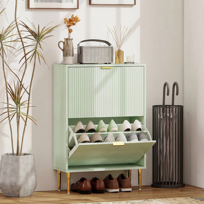 Narrow Shoe Cabinet with 2 Flip Drawers, Modern Slim Shoe Storage Cabinet with Fluted Doors and Adjustable Shelves for Hallway, Holds 6-12 Pairs, Light Green