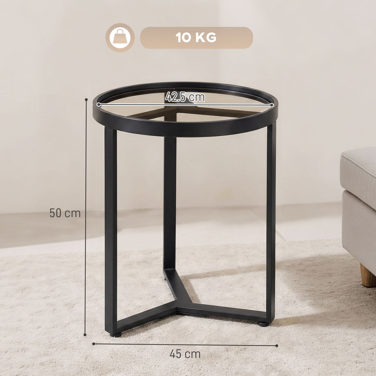 Round Side Table with Tempered Glass Top, Modern End Table with Geometric Metal Frame for Small Space, Living Room and Bedroom, Black