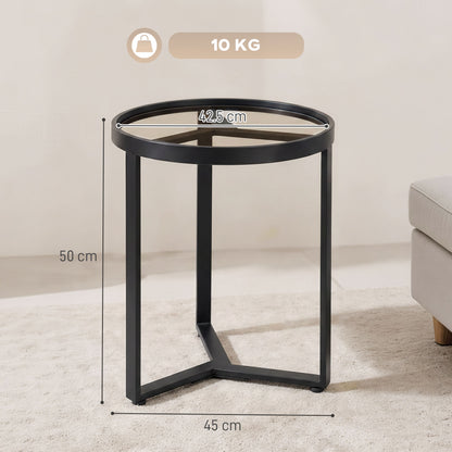 Round Side Table with Tempered Glass Top, Modern End Table with Geometric Metal Frame for Small Space, Living Room and Bedroom, Black