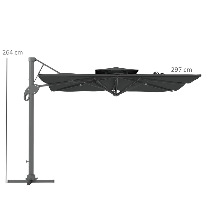 Garden Parasol, 3(m) Cantilever Parasol with Hydraulic Mechanism, Dual Vented Top, 8 Ribs, Cross Base, Grey