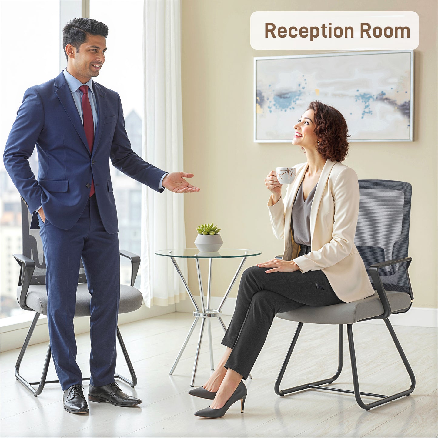 Desk Chair No Wheels, Meeting Chair with Mesh Back for Waiting Room