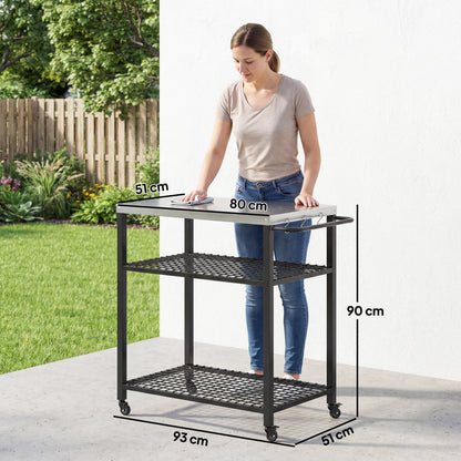 Outdoor Grill Cart, Movable Food Prep Table with Wheels, Hooks