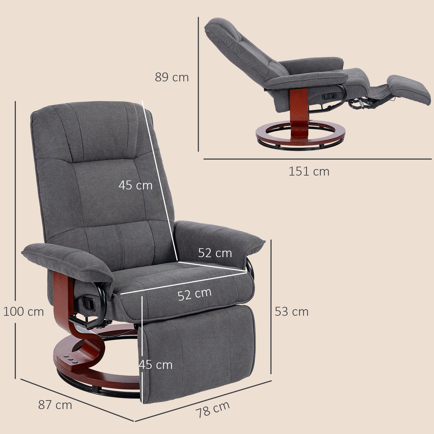 Manual Recliner Swivel Reclining Chair with Footrest Armrests Grey
