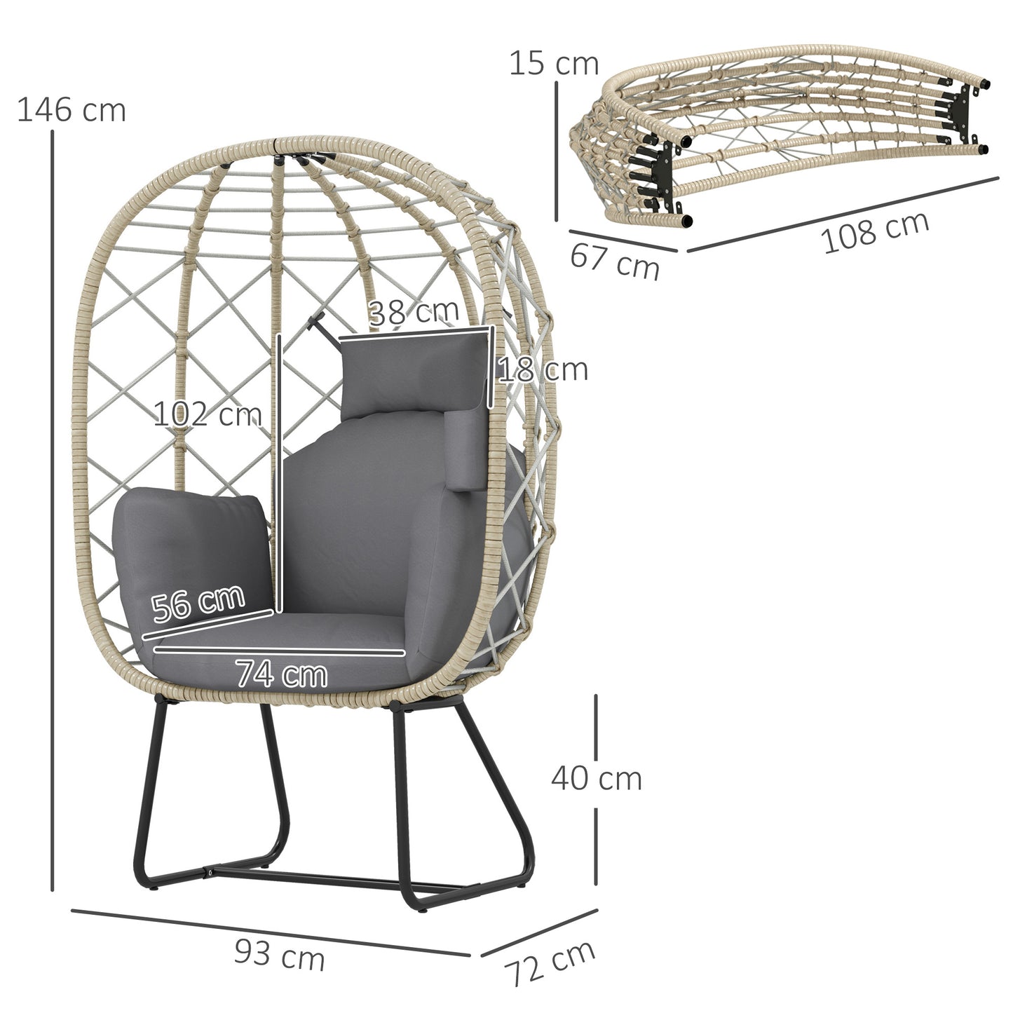 Rattan Garden Egg Chair with Thickened Cushion, Headrest, Grey