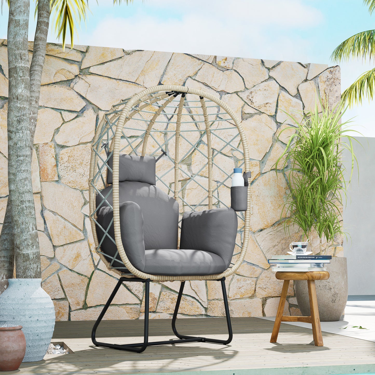 Rattan Garden Egg Chair with Thickened Cushion, Headrest, Grey