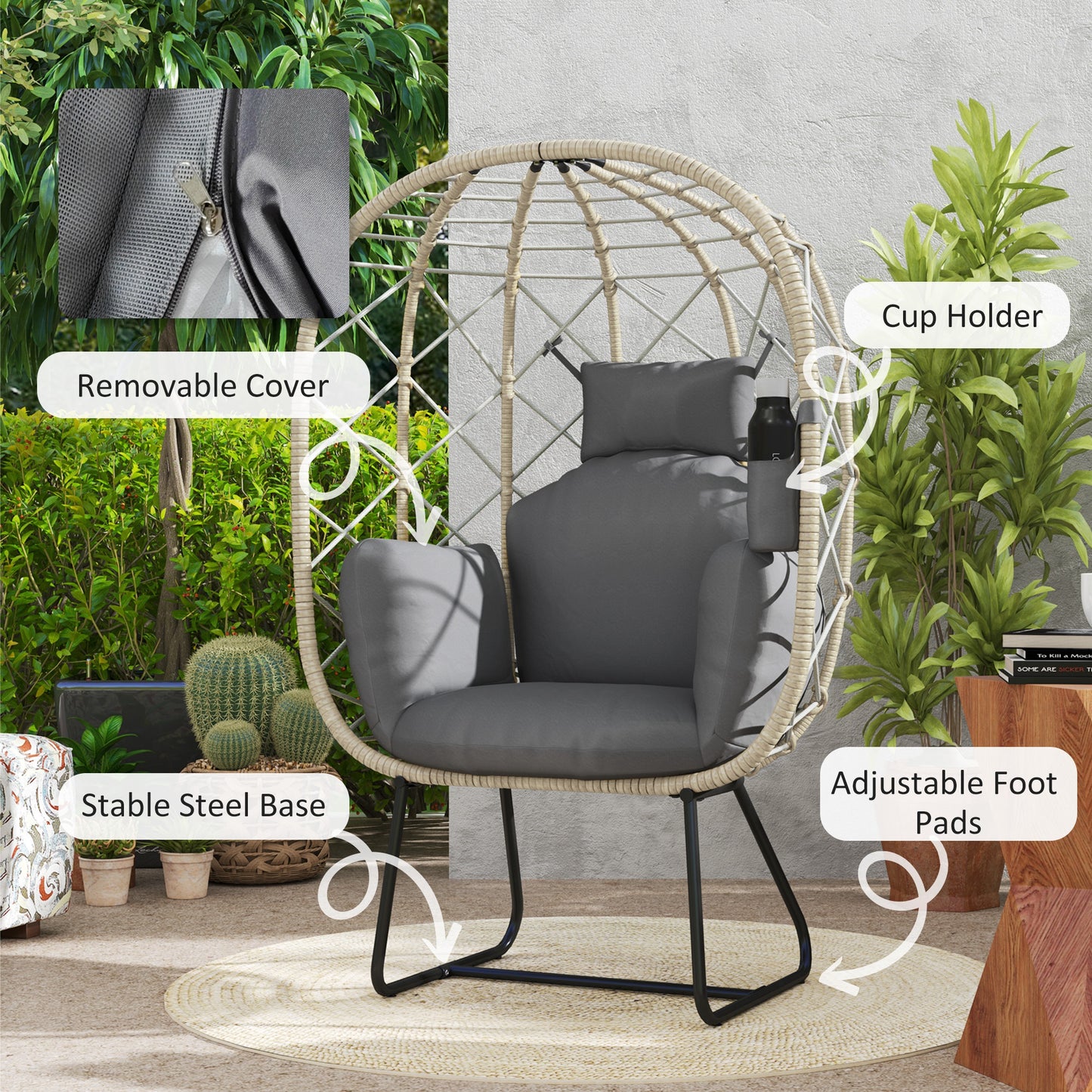 Rattan Garden Egg Chair with Thickened Cushion, Headrest, Grey