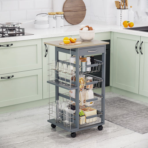 Kitchen Trolley, Multi-Use Kitchen Island w/ 4 Baskets 2 Side Racks 4 Wheels Food Storage Smooth Rolling Compact Furniture Grey