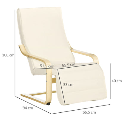 Wooden Lounging Chair Deck Relaxing Recliner Lounge Seat with Adjustable Footrest & Removable Cushion, Cream White