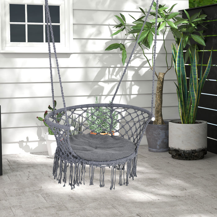 Hanging Hammock Chair Cotton Rope Porch Swing with Metal Frame and Cushion, Large Macrame Seat for Patio, Bedroom, Living Room, Grey