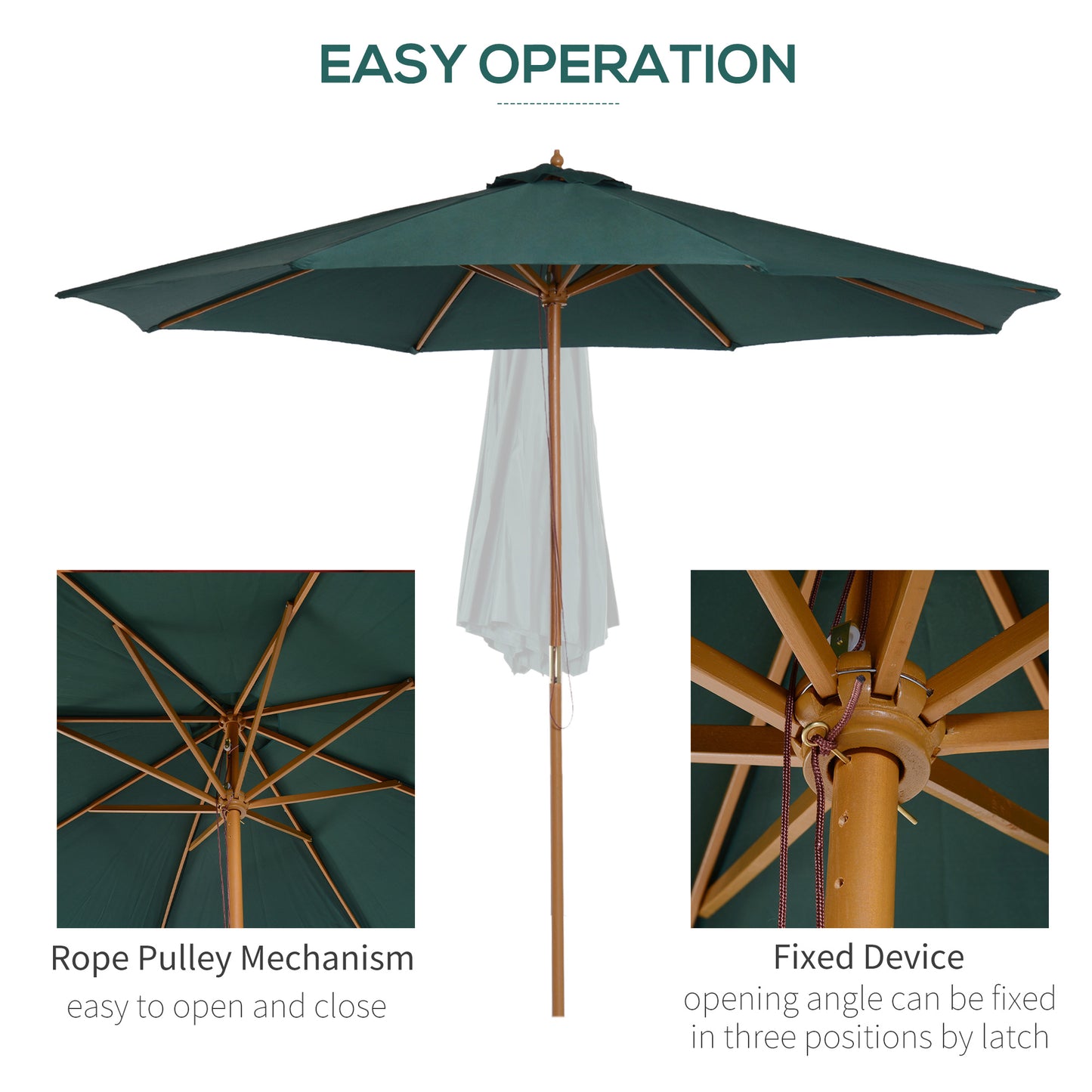3(m) Wooden Patio Umbrella, Pulley Operated Garden Parasol with Rope Pulley Mechanism and 8 Ribs, Green