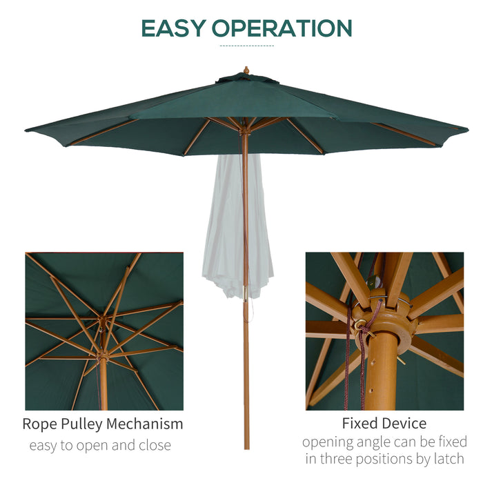 3(m) Wooden Patio Umbrella, Pulley Operated Garden Parasol with Rope Pulley Mechanism and 8 Ribs, Green