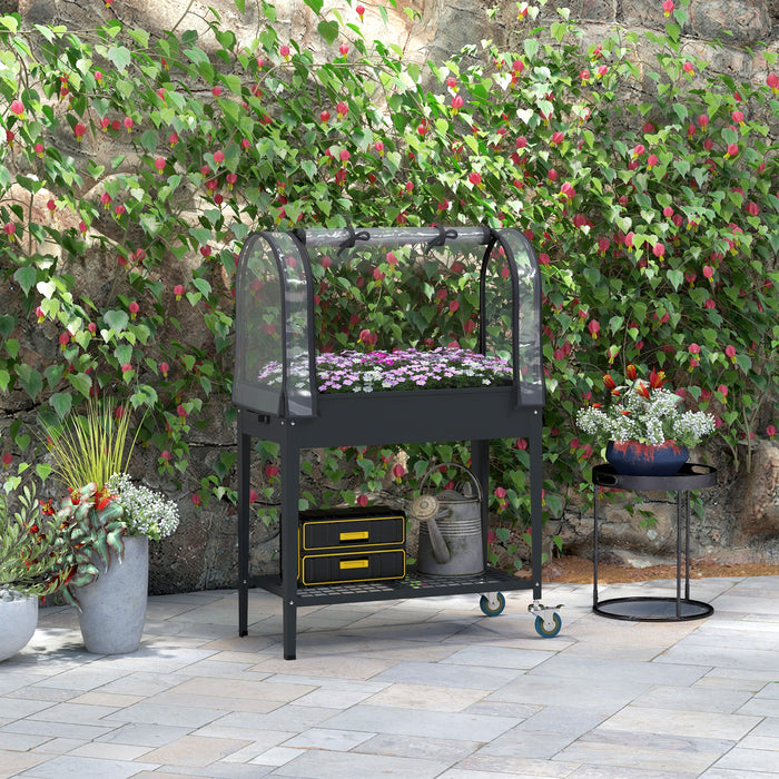 Raised Planter with Greenhouse Cover, Mobile Elevated Garden Bed with Wheels and Bottom Shelf for Vegetables, Dark Grey