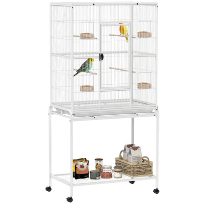 Bird Cage with Detachable Wheeled Stand, Shelf and Wooden Perches - White