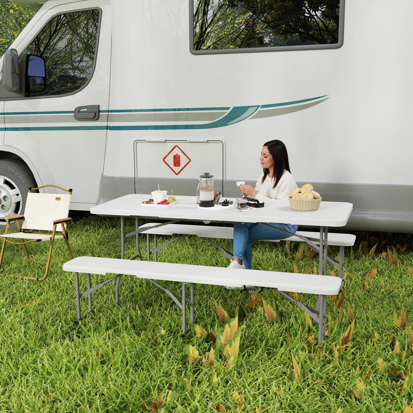 3 Piece Folding Picnic Table and Bench Set with Handles, White