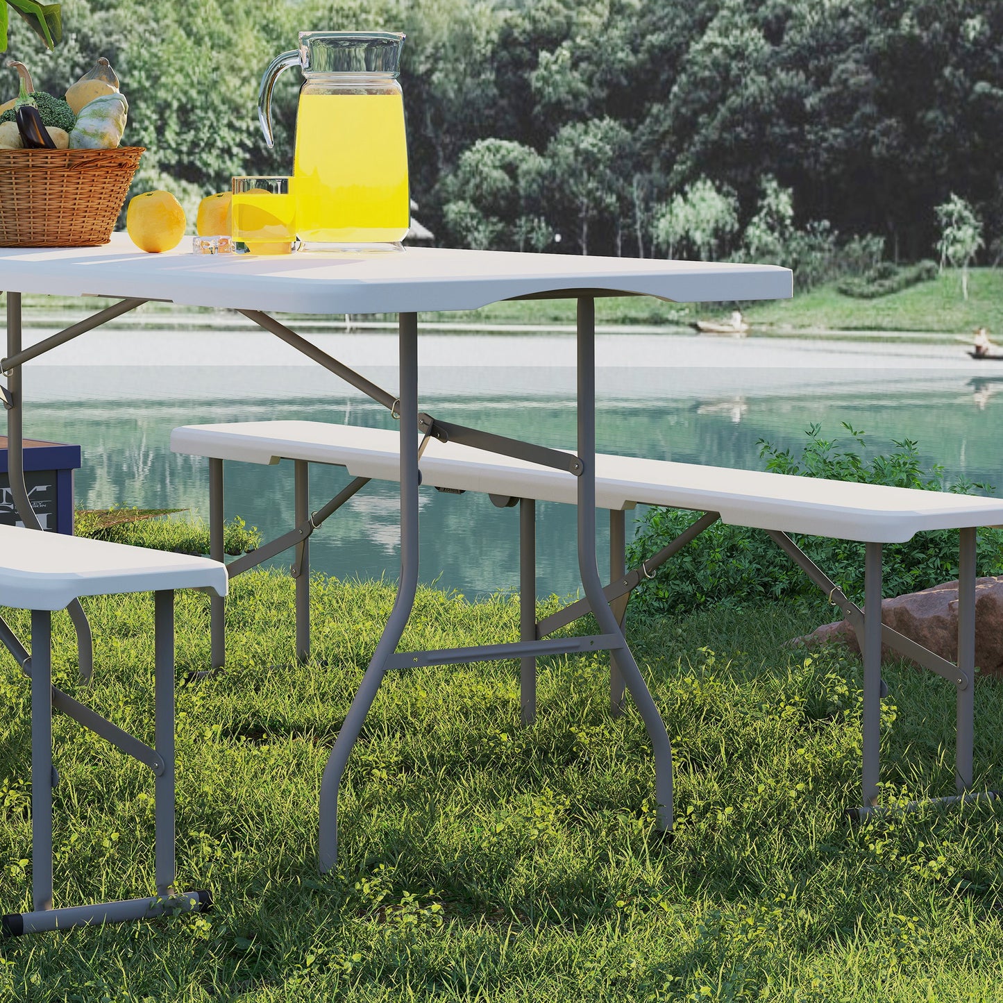 3 Piece Folding Picnic Table and Bench Set with Handles, White