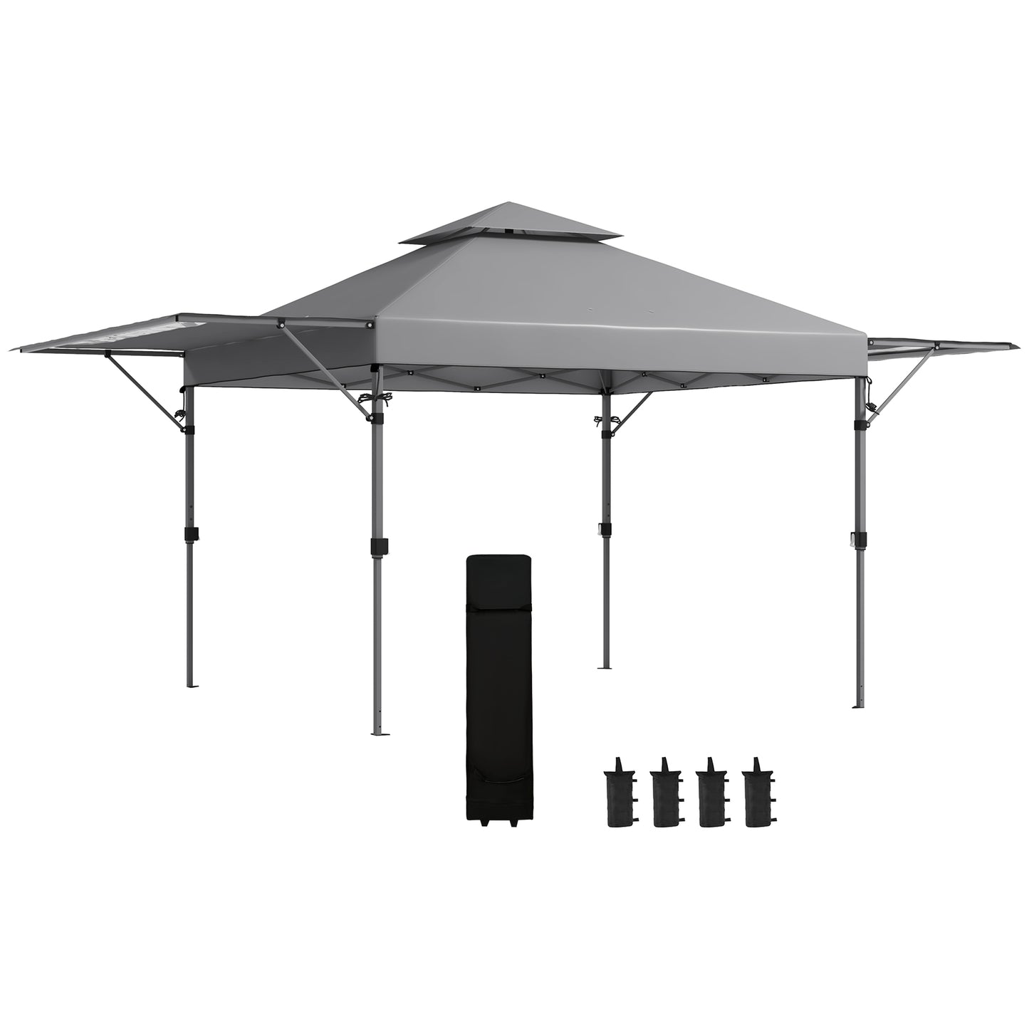 5 x 3(m) Pop Up Gazebo with Extend Dual Awnings, 1 Person Easy up Marquee Party Tent with 1-Button Push, Double Roof, Sandbags,