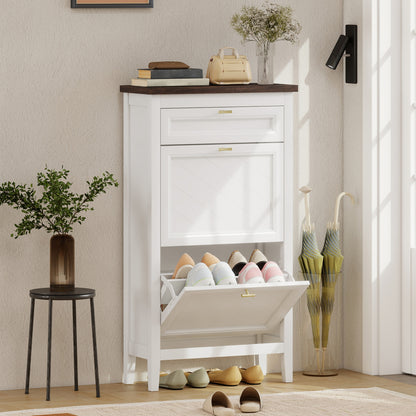 Shoe Cabinet with 2 Flip Drawers, Narrow Shoe Storage Cabinet, White