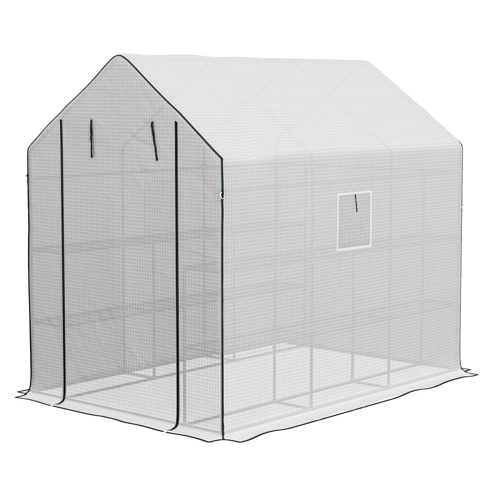 Walk-in Greenhouse w/ 3 Tier Shelves, Green House Garden Grow House w/ PE Cover, Roll-up Door, Mesh Windows, 140 x 213 x 190cm, White