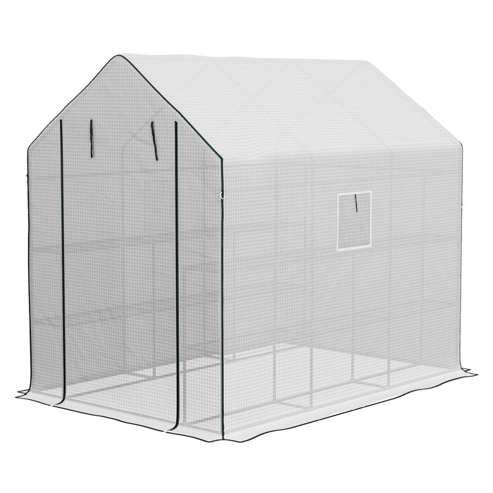 Walk-in Greenhouse w/ 3 Tier Shelves, Green House Garden Grow House w/ PE Cover, Roll-up Door, Mesh Windows, 140 x 213 x 190cm, White