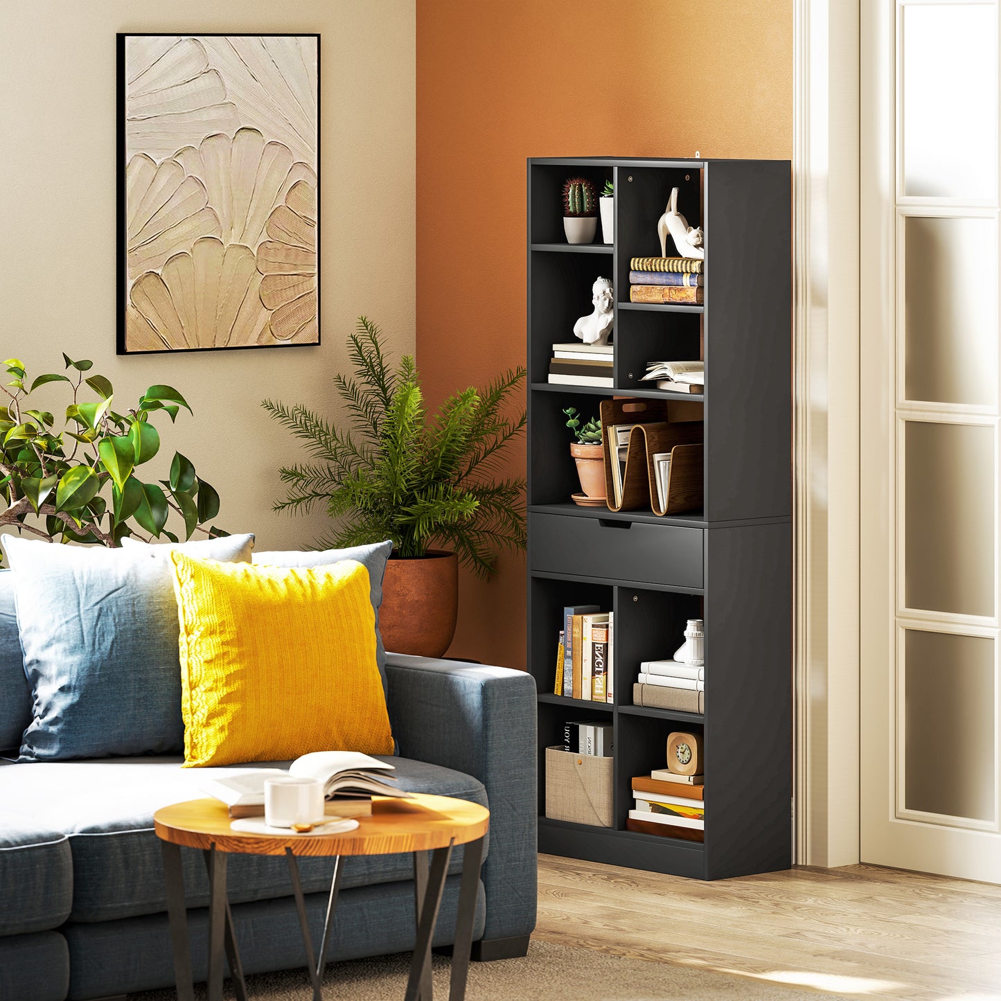 Freestanding Bookcase Display Shelf with Drawer for Home Office
