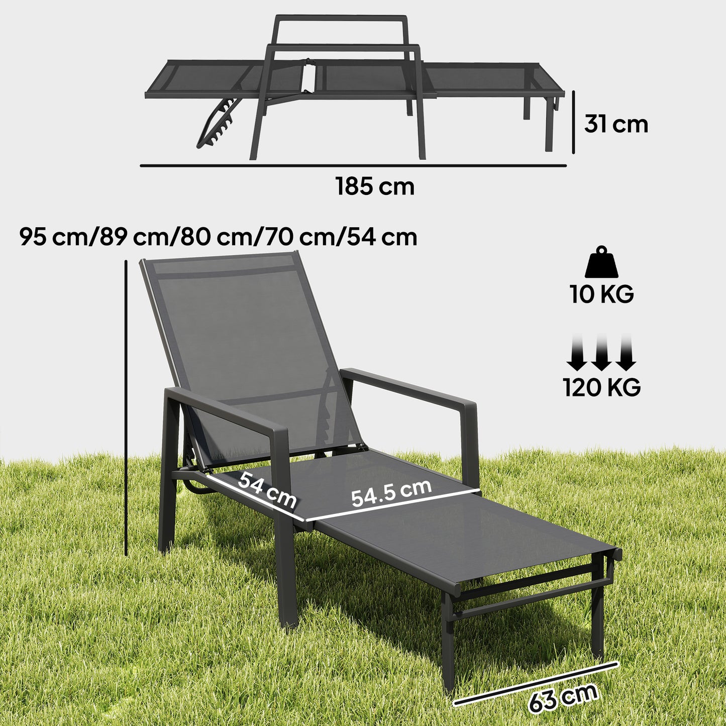 Sun Lounger w/ Retracable Footrest, 5-Position Adjustable