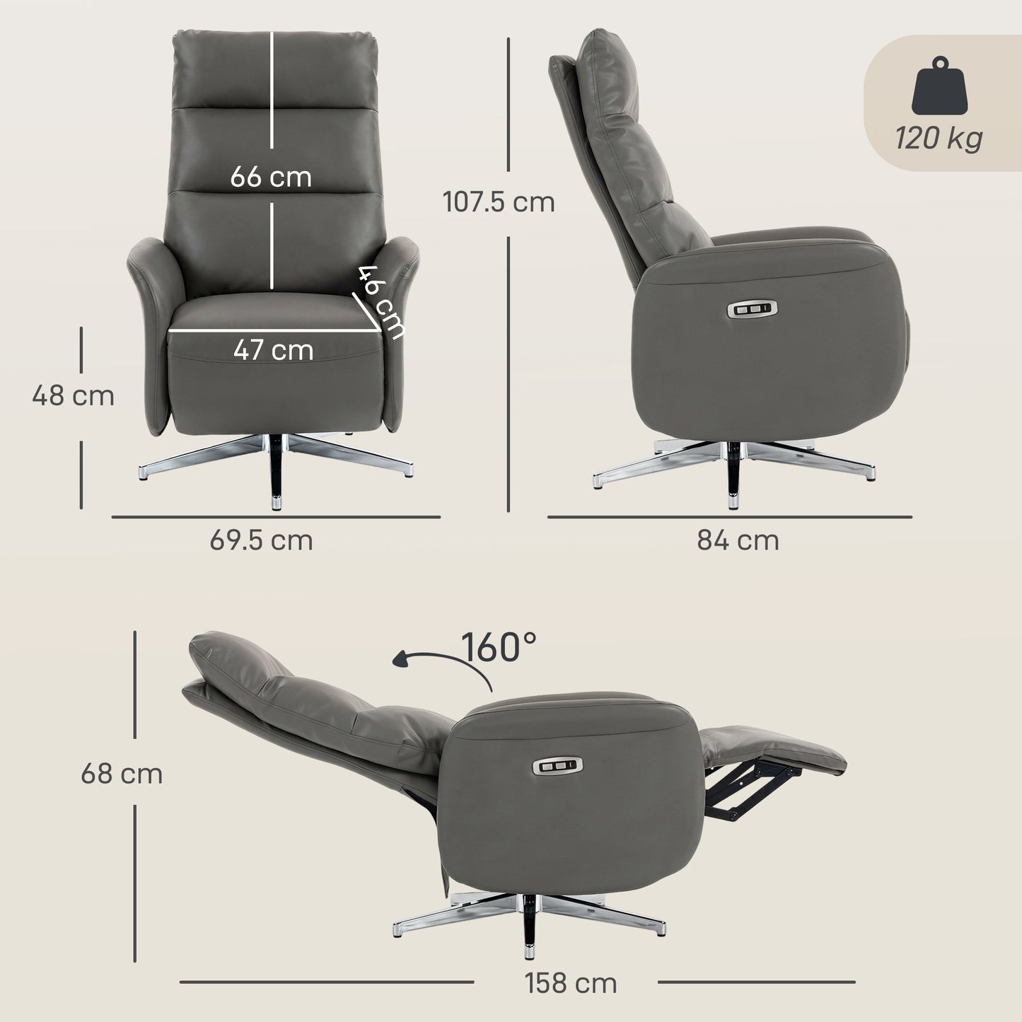 Recliner Armchair, Swivel Recliner with Type C+USB, Dark Grey