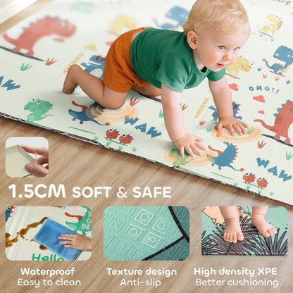Baby Play Mat, Double Sided Crawling Mat, Dinosaur Theme