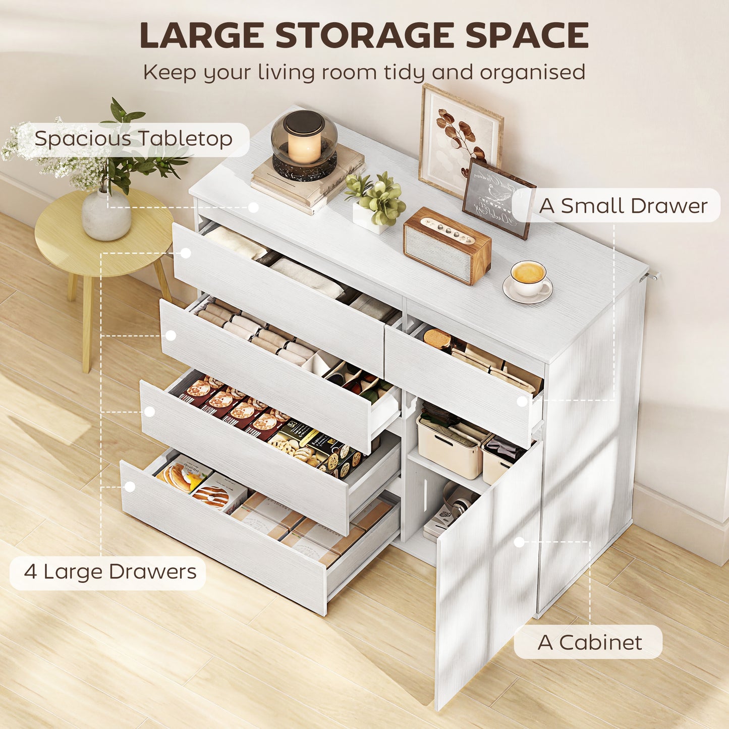 Sideboard Storage Cabinet, Kitchen Cupboard with 5 Drawers, White wood finish