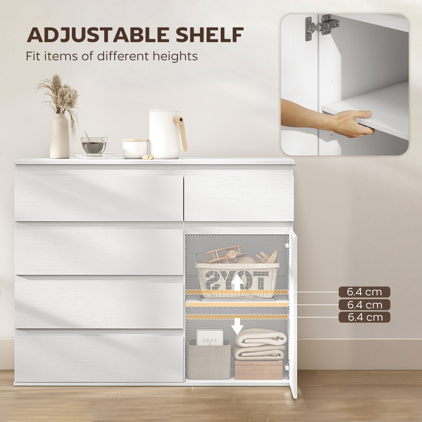 Sideboard Storage Cabinet, Kitchen Cupboard with 5 Drawers, White wood finish