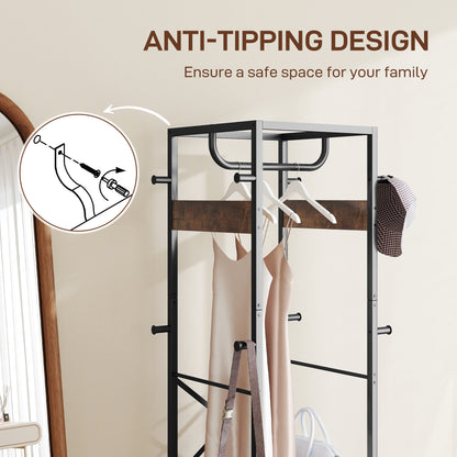 Clothes Rail with Storage Shelf and Hooks, Clothes Rack, Rustic Brown