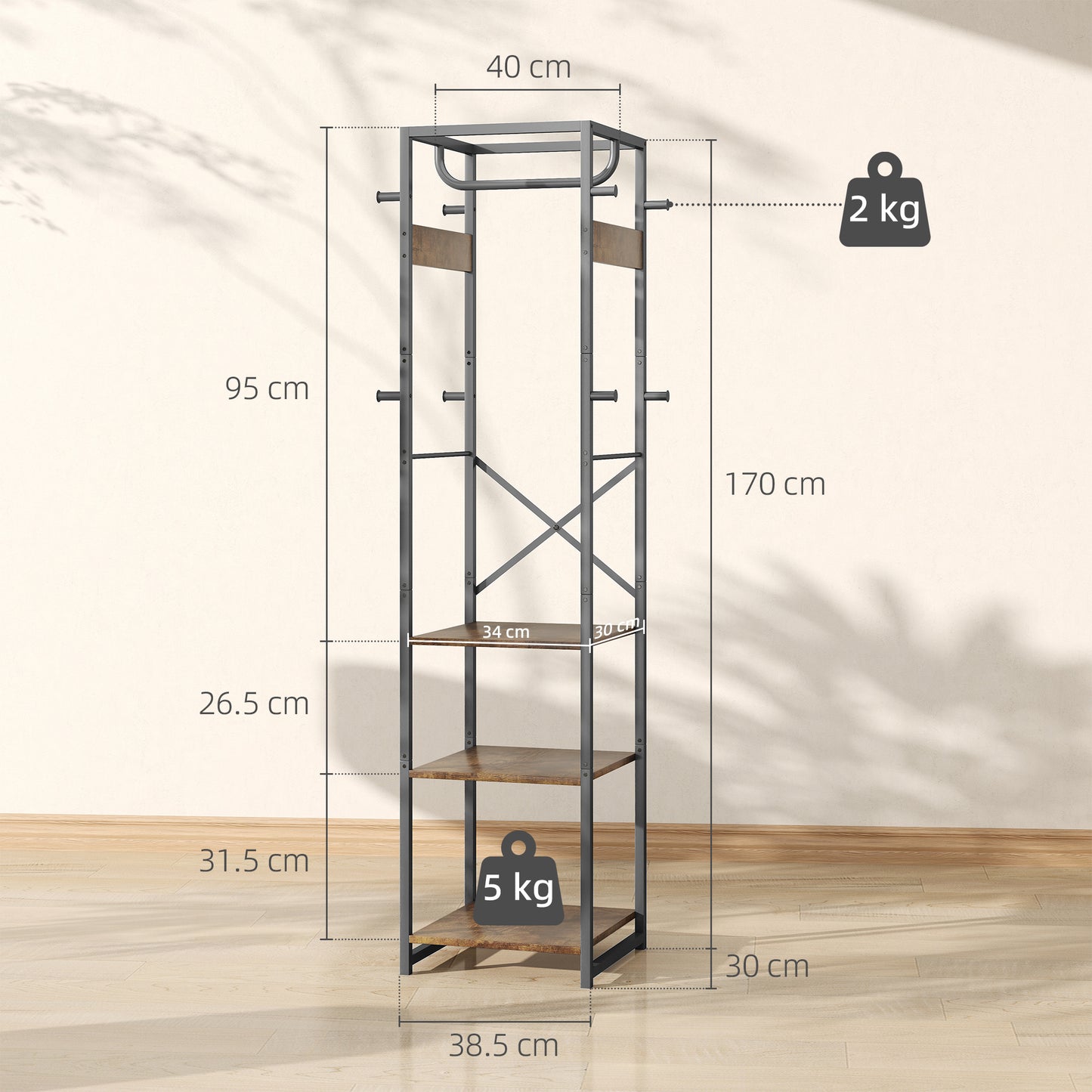 Clothes Rail with Storage Shelf and Hooks, Clothes Rack, Rustic Brown