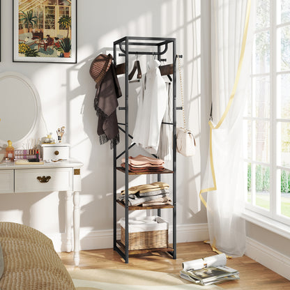 Clothes Rail with Storage Shelf and Hooks, Clothes Rack, Rustic Brown