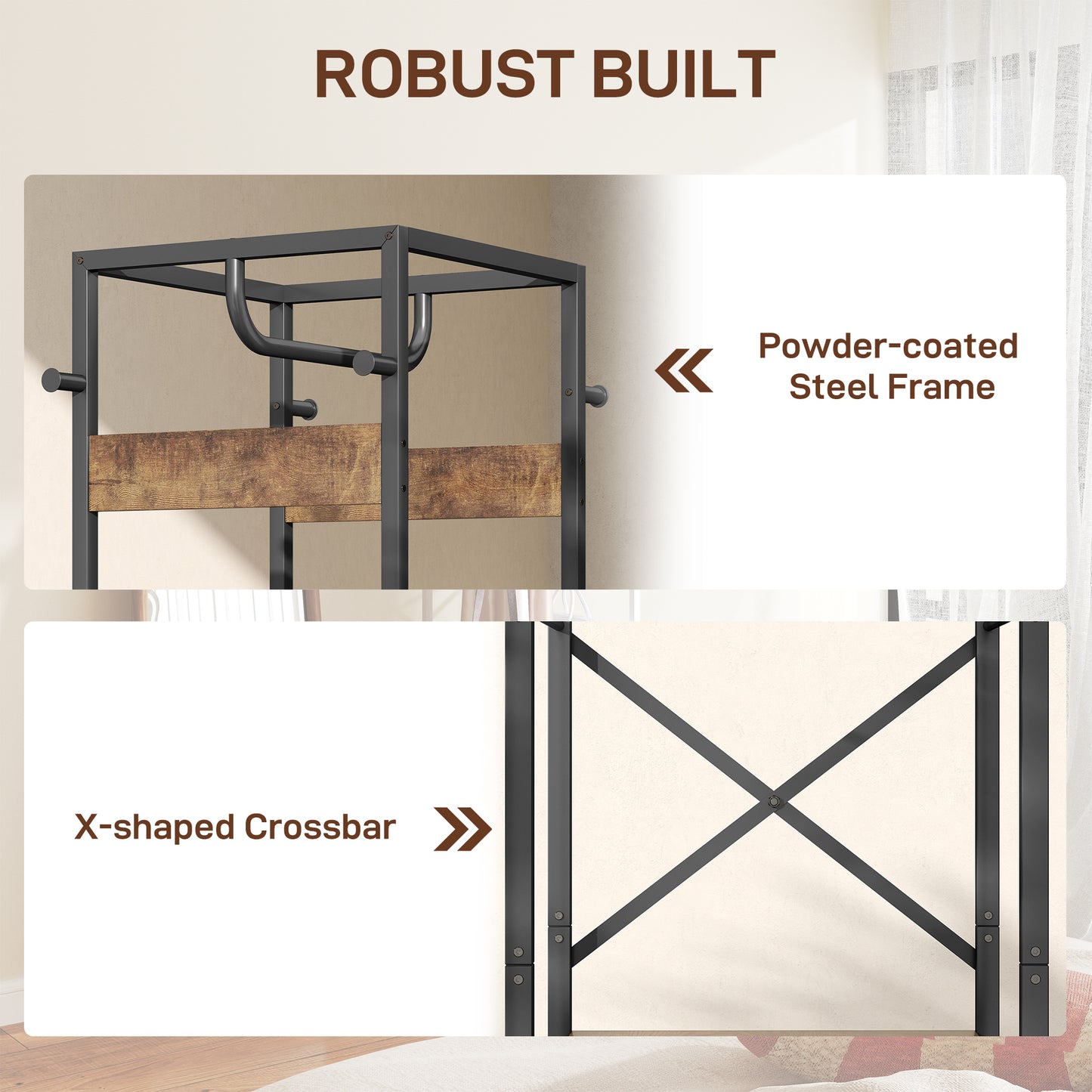 Clothes Rail with Storage Shelf and Hooks, Clothes Rack, Rustic Brown