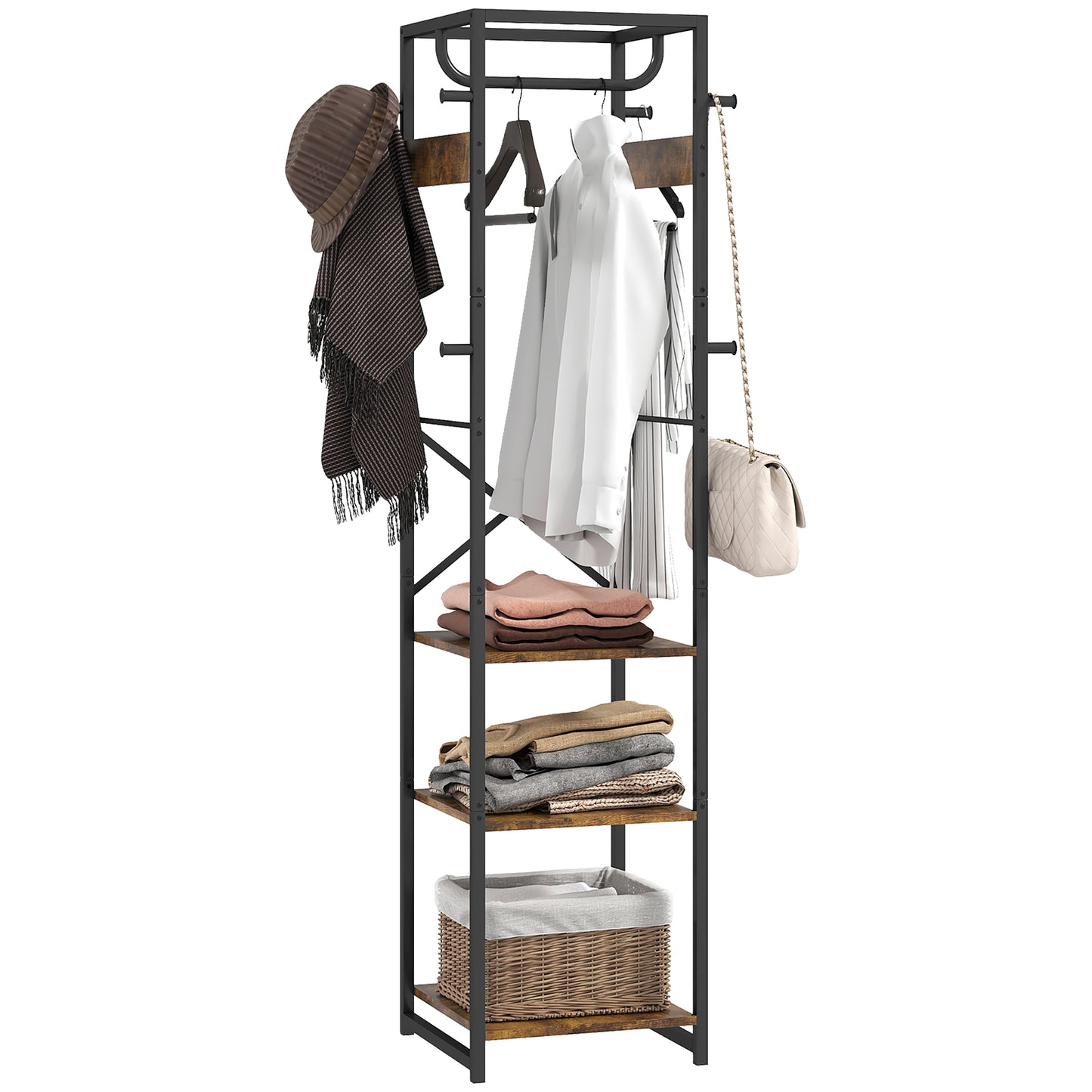 Clothes Rail with Storage Shelf and Hooks, Clothes Rack, Rustic Brown