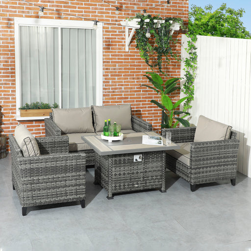 5-Piece Rattan Patio Furniture Set with Gas Fire Pit Table, Loveseat Sofa, Armchairs, Cushions, Pillows, Grey