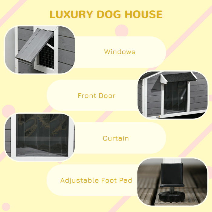 Large Wooden Dog Kennel Elevated Dog Kennels for Outside, w/ Openable Top, Asphalt Roof, Removable Tray, Adjustable Leg, Grey