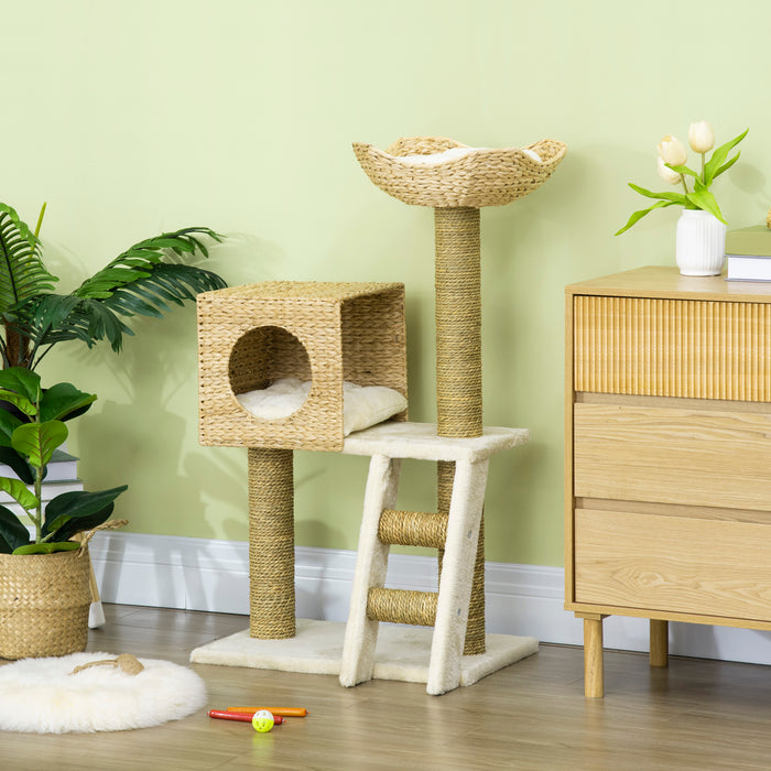 Cat Tree for Indoor Cats Kitten Tower Cattail Weave with Scratching Posts, Cat House, Bed, Ladder, Washable Cushions, Natural Finish