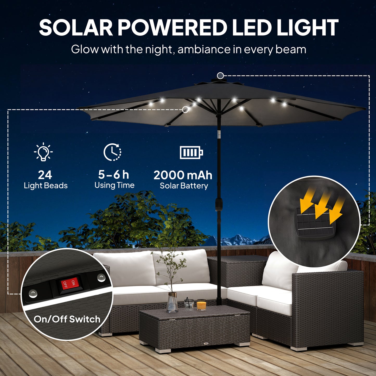 2.6 m Garden Parasol Umbrella with Light, Outdoor Patio Umbrella