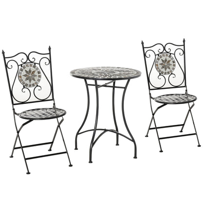 3 Pcs Mosaic Tile Garden Bistro Set Outdoor Seating w/ Table 2 Folding Chairs Set Metal Frame Elegant Scrolling Indoor Patio Balcony